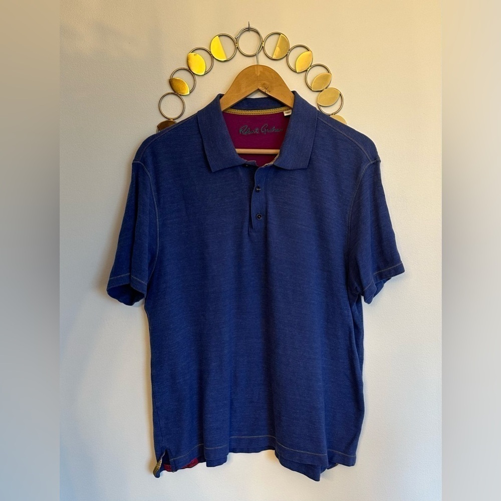 Robert Graham Polo Shirt Mens XL Classic Fit In Blue With Flip Collar Patterned
